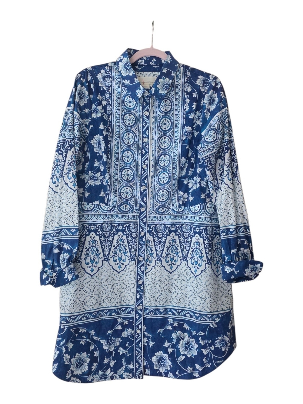 Anthropologie 100% Cotton Long Sleeve Button Front Shirtdress Blue White Print L